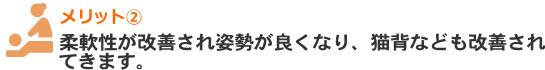 柔軟性が改善され姿勢が良くなり、猫背なども改善されてきます。